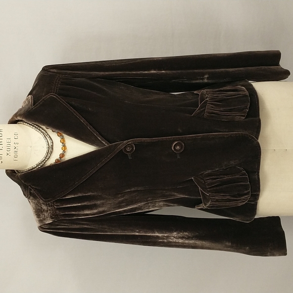Brown Velvet Blazer Soft Silk Blend Jacket Tailored Feminine Style Gathered - Picture 2 of 13